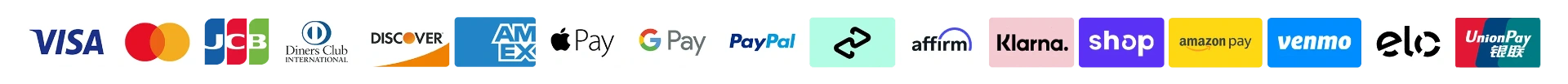 Accepted payment methods: Visa, Mastercard, JCB, Diners Club, Discover, Amex, Apple Pay, Google Pay, PayPal, Affirm, Afterpay, Shop, Amazon Pay, Venmo, Elo, UnionPay